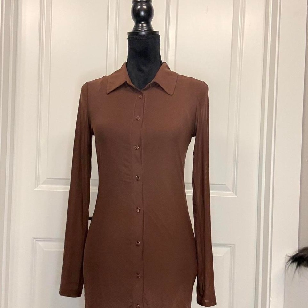 Brown Long Sleeve Mesh Mini Dress — Bodycon Button Up - Size M - Picture 2 of 5